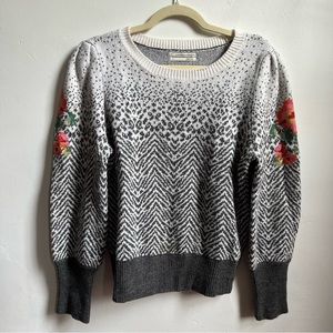 Anthropologie Puff Sleeve Sweater with Cross Stitch Floral Detail